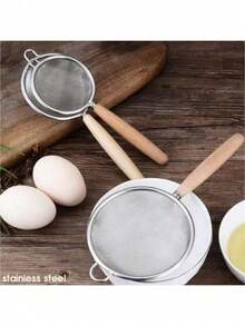 1个不锈钢细网厨房滤网，带木柄的撇油器，耐用面粉筛烘焙工具 - 銀色 - 查看 7