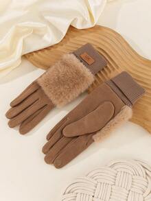 1 Pair Women's Autumn/Winter Fashion Thickened Warm Touchscreen Gloves, Faux Suede Fuzzy Gloves, Cute