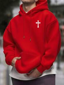 Men's Casual Minimalist Cross Print Drawstring Hooded Sweatshirt, Back To School, Fall Winter, Long Sleeve Top - Red - View 5