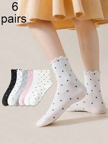 1/6 Pairs Random Polka Dot Knee High Socks For Women, Fashionable Korean Style Cute & Versatile - Multicolor - View 9