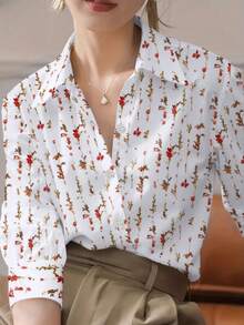 Vintage Ditsy Floral Collared Shirt Women, Versatile All-Match Long Sleeve Top, Office Date Casual Wear - Red - View 3