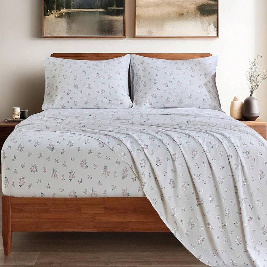 Black Sheets, Deep Pocket, 1800 Thread Count, Soft Breathable, Cute Printed Boho Farmhouse Bed Sheets, Up To 18 Inch - White and Pink - View 1