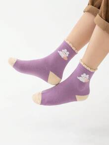 5 Pairs Girls' Mid-Calf Socks, Purple, Blue, White, Color Block, Cartoon Rabbit, Letter, Striped Patterns, Soft & Warm, Thick, Simple Design, Cute, Fashionable, Versatile, Suitable For Autumn/Winter Daily Wear - Multicolor - View 6