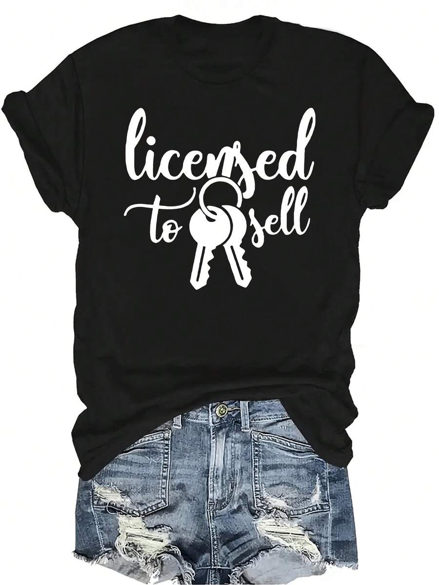 Camiseta con licencia para vender, para mujer y unisex, de verano, casual, transpirable, con personalidad, cuello redondo, manga corta, estilo urbano, versátil, adecuada para adolescentes y adultos - Negro - Ver 1