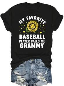 Mi jugador de béisbol favorito me llama "Abuela" Camiseta con girasol para mujer y unisex, de verano, casual, transpirable, de personalidad, cuello redondo, manga corta, ropa de calle, versátil, adecuada para adolescentes y adultos - Negro - Ver 1
