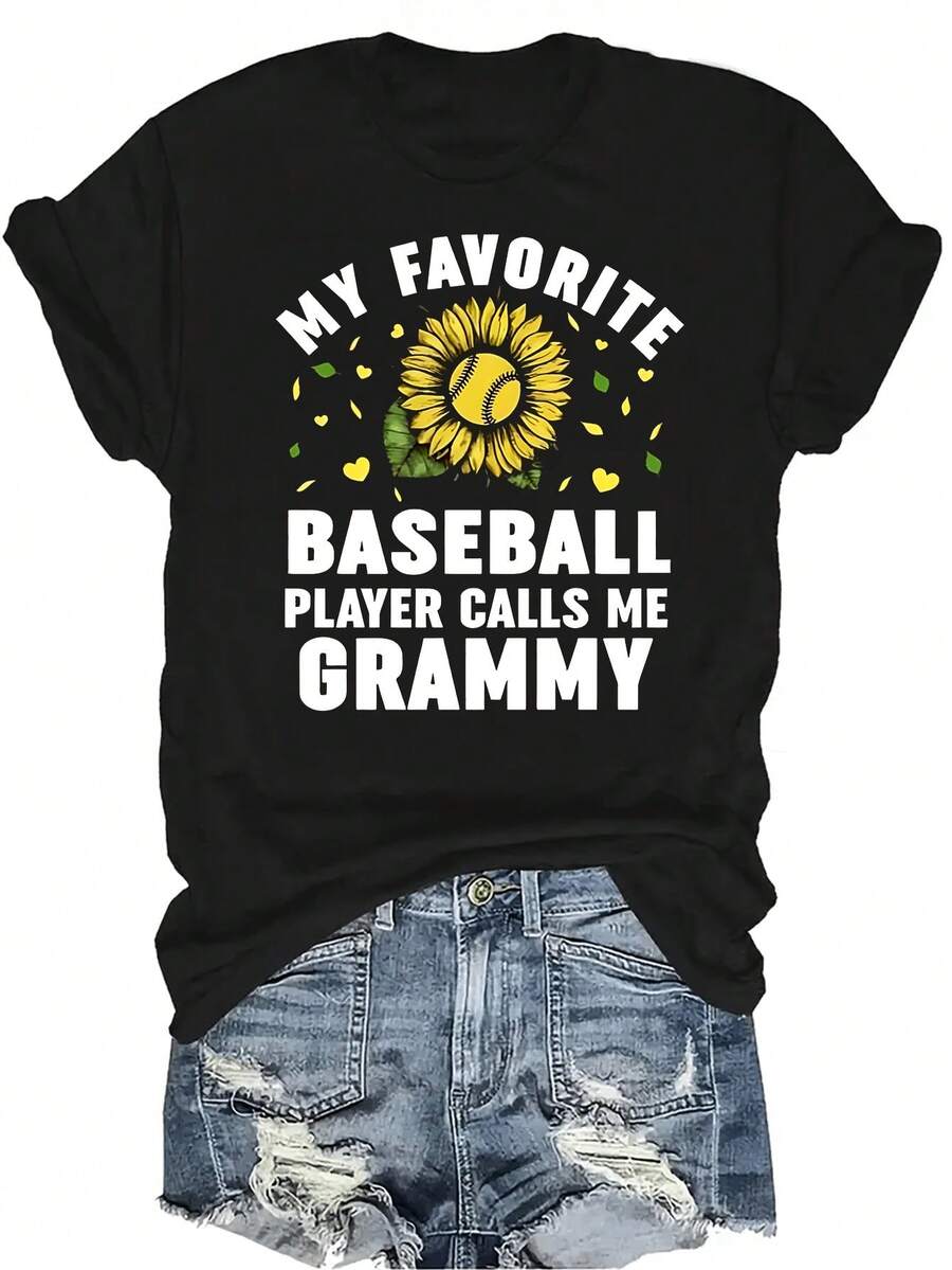 Mi jugador de béisbol favorito me llama "Abuela" Camiseta con girasol para mujer y unisex, de verano, casual, transpirable, de personalidad, cuello redondo, manga corta, ropa de calle, versátil, adecuada para adolescentes y adultos - Negro - Ver 1