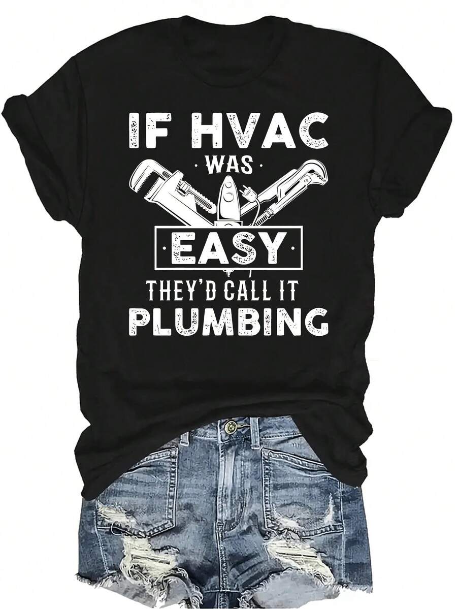 Camiseta de técnico de HVAC para mujer, unisex, de verano, casual, transpirable, con personalidad, cuello redondo, manga corta, ropa de calle, versátil, adecuada para adolescentes y adultos - Negro - Ver 1