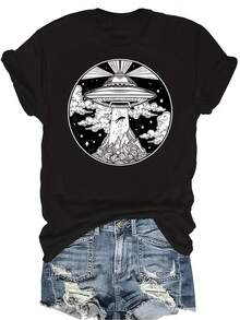 Camiseta con diseño de nave espacial para mujer y unisex, de verano, casual, transpirable, con cuello redondo, manga corta, estilo urbano y versátil, adecuada para adolescentes y adultos - Negro - Ver 1
