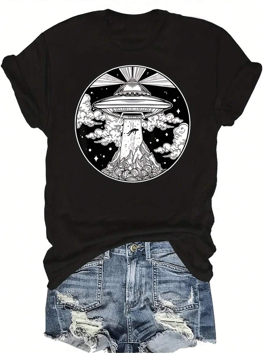 Camiseta con diseño de nave espacial para mujer y unisex, de verano, casual, transpirable, con cuello redondo, manga corta, estilo urbano y versátil, adecuada para adolescentes y adultos - Negro - Ver 1