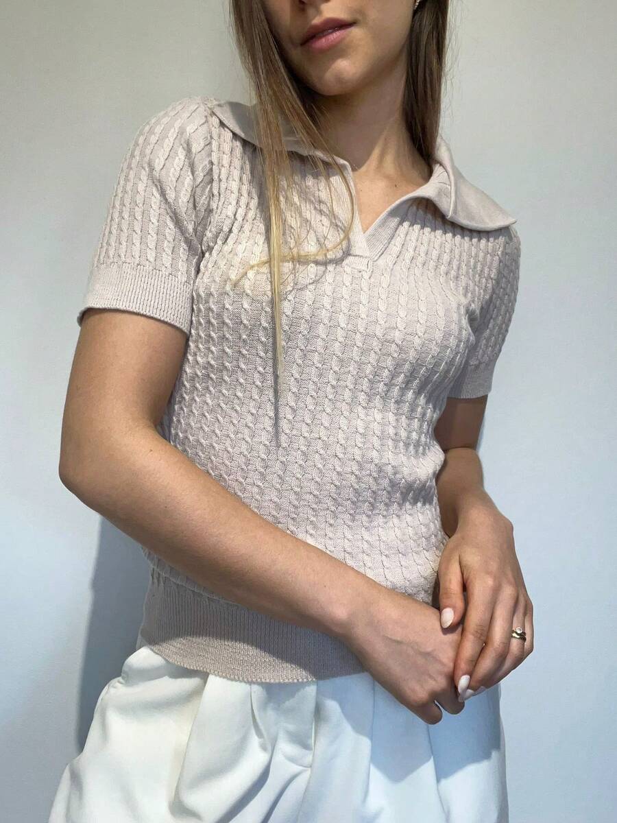 Camiseta Polo Trançada Tricô Moda Feminina Verão Tricot Modal