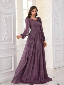Elisanya UNITHORSE 女士 V 领灯笼袖纯色领口 3D 花朵装饰长款晚礼服伴娘礼服毕业礼服晚宴礼服 - 紫色 - 查看 5