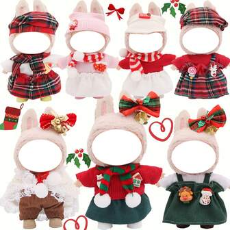 7pcs Christmas Element Doll Clothes Set With Grid Pattern, White Ball Decor And Themed Accessories, Creating Festive Atmosphere, Suitable For 17cm Dolls, Christmas, Halloween, Collectibles, Gifts (Dolls Not Included)
