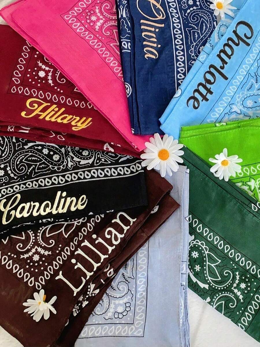 1 Customized Name And Date Women's Scarf, Headscarf, Square Scarf, Personalized Paisley Pattern Square Scarf, Customized Handkerchief, Vintage Square Scarf For Bridesmaids, Party Gifts, Bridesmaid Gifts, Suitable For Weddings, Rock Music Festivals, Parties And Concerts, Suitable For Men And Women.