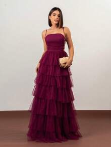 Tiered Prom Dress For Graduation And Bridesmaids. Elegant Conservative/Modest Sexy Casual Shiny Zipper Appliques Wedding Party Birthday Party Anniversary Party Graduation Party - 玫瑰紅 - 查看 2