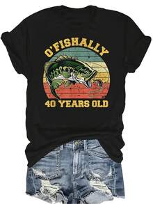 Oficialmente 40 años de edad Fiesta de cumpleaños con tema de pesca 40th Camiseta de mujer Unisex Verano Casual Transpirable Personalidad Cuello redondo Manga corta Camiseta Ropa de calle Versátil, Adecuado para adolescentes y adultos - Negro - Ver 1