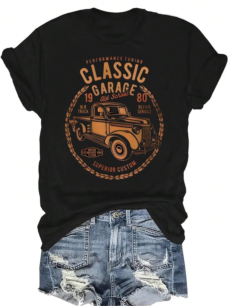 Camiseta de camioneta de recogida retro para mujer y unisex, de verano, casual, transpirable, de personalidad, de cuello redondo, de manga corta, de ropa urbana, versátil, adecuada para adolescentes y adultos - Negro - Ver 1