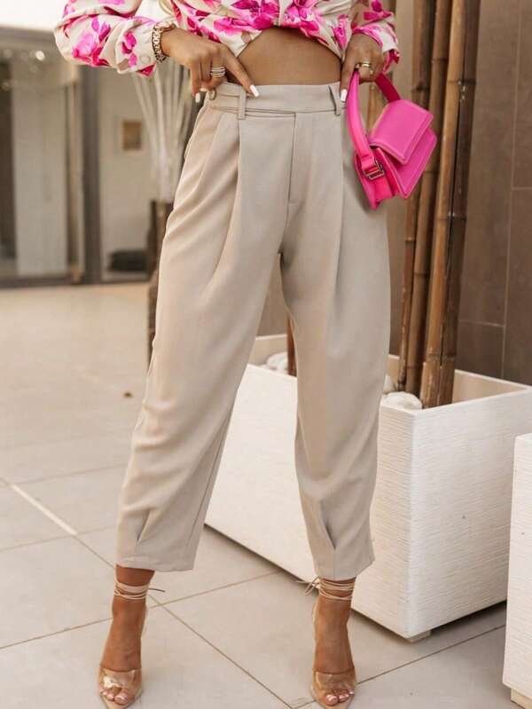 Elegant Temperament High-Waisted Solid Colour Nine-Minute Wide-Leg Trousers