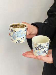 1件套复古简约陶瓷咖啡杯碟套装，百合图案功夫茶杯，家用客厅陶瓷茶杯，咖啡拿铁杯带木架 - 彩色 - 查看 8