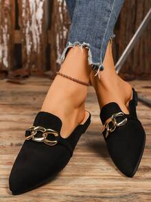 A Pair Of Casual And Comfortable Women's Half-Mule Flats With Metal Chain. Perfect For Everyday Wear Or Just Hanging Out At Home.