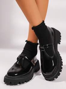 Women's New Thick Sole Loafers, Fashion Versatile Spring/Summer 2025 Chain Leather Shoes, Slimming Flats - Black - View 5