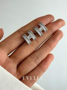 镶有方晶锆石的银耳环，优雅可爱的铜镀白金耳环，适合日常佩戴和聚会 - 銀色 - 查看 3