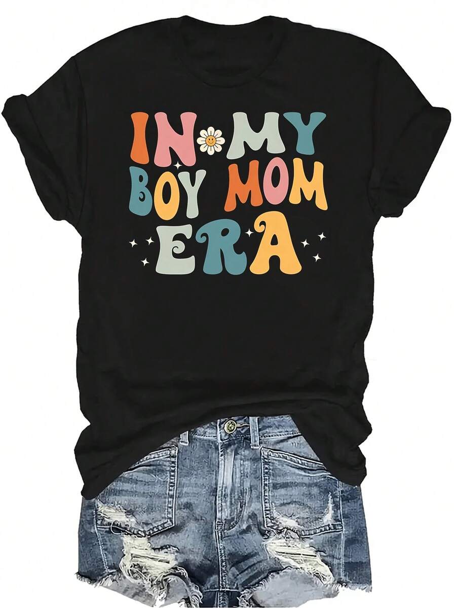 Camiseta "En mi era de mamá de niños" Mujer Unisex Verano Casual Transpirable Personalidad Cuello Redondo Manga Corta Camiseta Ropa de Calle Versátil, Adecuada para Adolescentes y Adultos - Negro - Ver 1