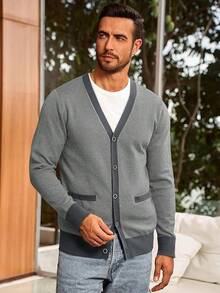 Men's Long Sleeve Button Down Knitted Cardigan Sweater With Pockets, Casual Style - 灰色 - 查看 4