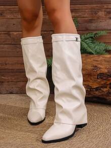 Women's Square Toe Fashion Slip-On Riding Boots, Chunky Heel Folded Cuff Tall Western Cowboy Boots - White - View 2