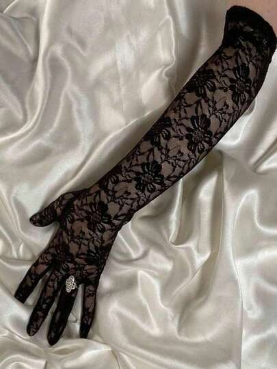 1 Pair Black Lace Flower Design Gloves, Bridal Wedding Hand Decor - Suitable For Bachelorette Party And Wedding Decoration Gloves, Halloween, Valentine's Day, Autumn Accessory