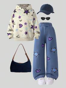 Girls Casual Loose Outdoor Apricot Heart & Star Print Hoodie Sweatshirt And Blue Heart & Star Print Jeans Set, Autumn - Khaki - View 2