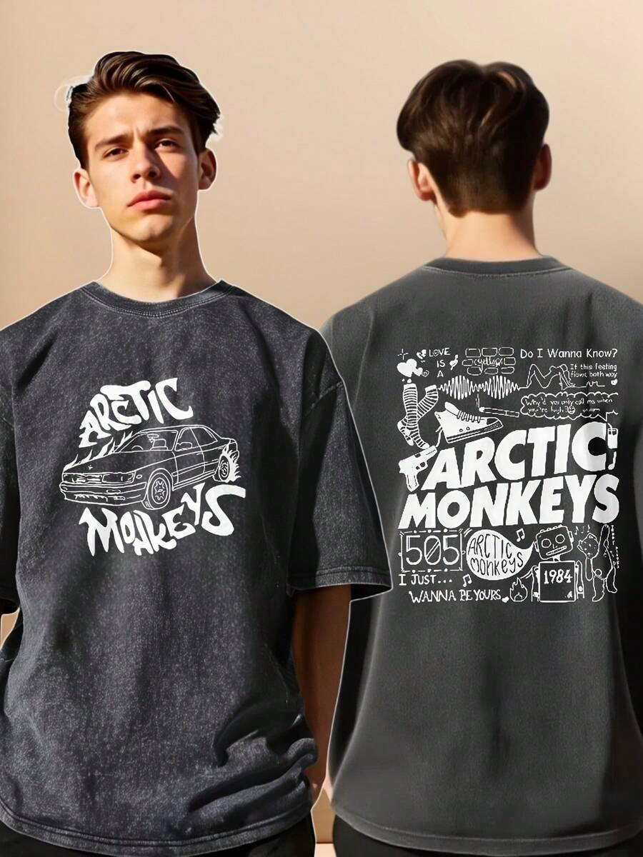 Arctic Monkey Band Pattern Printed Men's Washed Short Sleeve T-Shirt Black - 黑色 - 查看 1