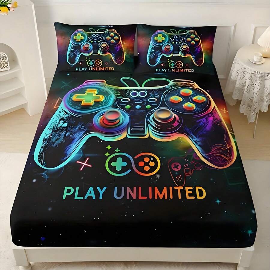 3 件套卡通游戏控制器图案床上用品套装、柔软透气床垫保护套、节日和日常礼物床罩、卡通游戏控制器图案床单、卡通床上用品套装、家居节日和日常装饰、适合单人床、双人床、大号床、特大号床、卧室、客房（1* 床笠 + 2* 枕套，不含床垫）、床上用品礼物、可机洗 - 彩色 - 查看 1