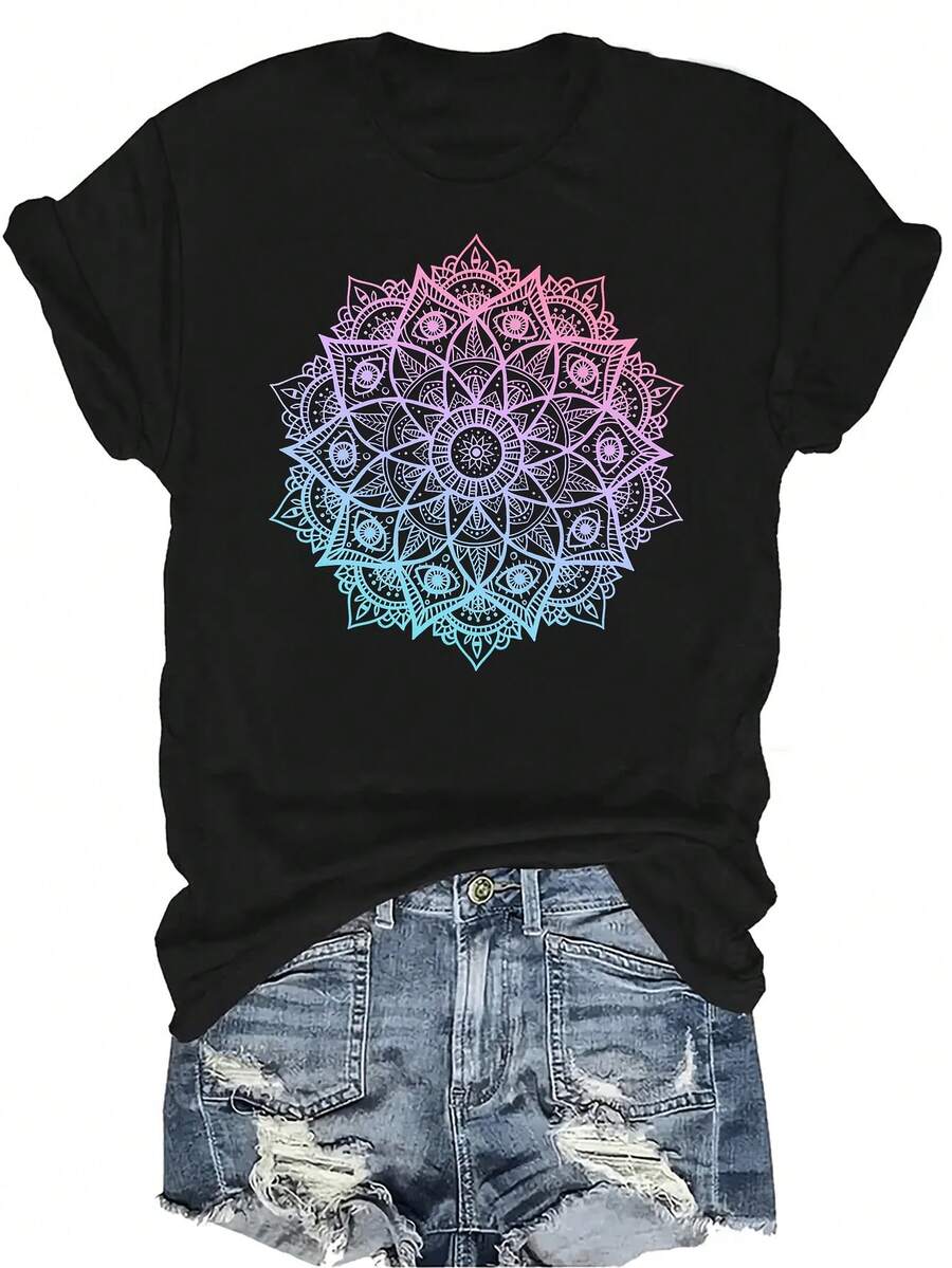 Camiseta con estampado de mandala para mujer y unisex, de verano, casual, transpirable, de cuello redondo, de manga corta, de uso versátil, adecuada para adolescentes y adultos - Negro - Ver 1