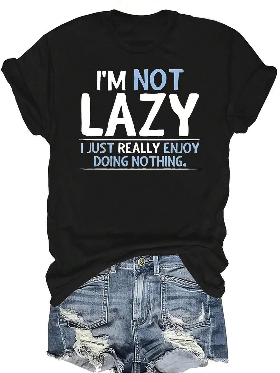 Camiseta con patrones interesantes para mujer y unisex, de verano, casual, transpirable, con cuello redondo, manga corta, estilo urbano y versátil, adecuada para adolescentes y adultos - Negro - Ver 1