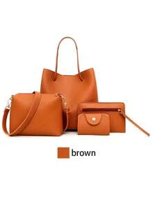 Four-Piece Bucket Bag Set, New Large-Capacity Leather Handbag, Solid Color Lychee Texture Shoulder Bag Bucket Bag Wallet, Shoulder Bag Women's Handbag Crossbody Bag Clutch Wallet Set, Women's Shoulder Bag Casual Wallet Set