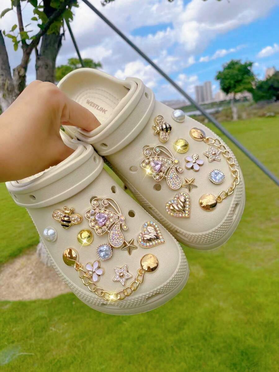 20pcs Fashion Gold Butterfly, Heart, Star Hollow Shoe Charms, Perforated Shoe Decorations DIY, Detachable Beach/Sandal Accessories, Holiday Gift