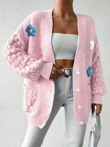 女士时尚花卉优雅甜美加大码针织开衫，长袖纯色针织外套，秋冬粉色 - 粉色 - 查看 1