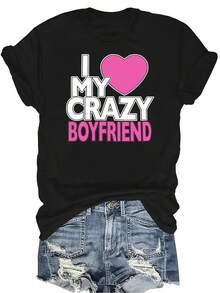 Amo a mi novio loco Camiseta para mujer Unisex Verano Casual Transpirable Personalidad Cuello redondo Manga corta Camiseta Ropa de calle Versátil, Adecuado para adolescentes y adultos - Negro - Ver 1