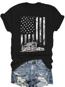 Camiseta de camionero con bandera americana para mujer y unisex, de verano, casual, transpirable, de personalidad, de cuello redondo, de manga corta, ropa de calle, versátil, adecuada para adolescentes y adultos - Negro - Ver 1