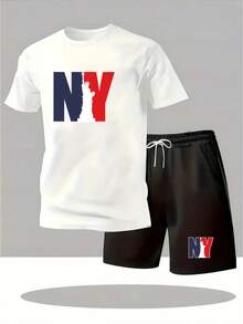 Conjunto de Camiseta  algodão Casual de Manga curta  gola Redonda + short tactel Verão para Homens Cintura com Cordão