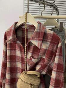 女式拉绒格子前扣口袋衬衫，日常休闲装 - 紅色 - 查看 4