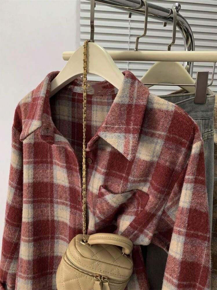 女式拉绒格子前扣口袋衬衫，日常休闲装 - 紅色 - 查看 4