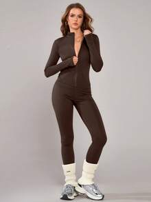 NcmRyu 1 Set Women's Fashion Elastic Zipper Collar Design Waist Cinching Butt Lifting Long Sleeve Workout Set