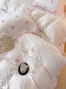 3pcs Ruffled Embroidered Bowknot Duvet Cover Set, Extra Large Size, Soft Fabric, With Zipper & Tie, Suitable For Girls Bedroom Decor, Breathable & Easy Care - White - View 8