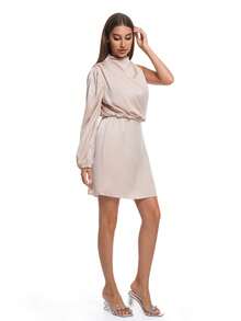 女士缎面迷你单肩鸡尾酒会礼服，优雅修身腰部派对礼服，适合春、夏、秋季、婚礼宾客、伴娘 - 杏色 - 查看 2