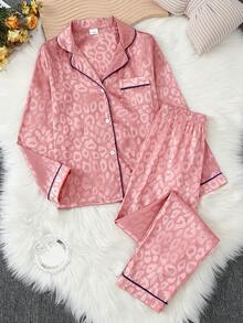 2pcs Girls Leopard Print Satin Comfortable Lapel Cardigan And Pants Pajama Set - Pink - View 1