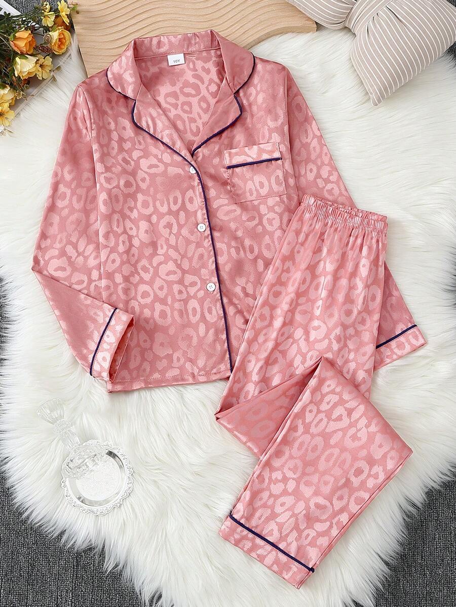 2pcs Girls Leopard Print Satin Comfortable Lapel Cardigan And Pants Pajama Set - Pink - View 1