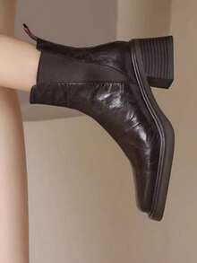 女士切尔西靴，真皮鞋面，粗跟，适合秋季、冬季穿着，方头设计，保暖内衬，弹性鞋带，修身剪裁，踝靴，优雅 - 棕色 - 查看 4