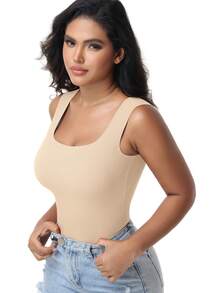 Women's Built-In Bra Tank Top Ribbed Slim Fit Wirefree Shelf Padded Tank Shirts Wide-Strap Square Neck Undershirt - Khaki - View 3