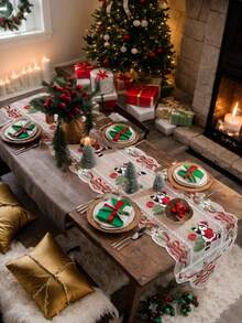 1 buc. Șervețel de masă de Crăciun cu panglici florale, clopoței de Crăciun, brazi de Crăciun și design cu Moș Crăciun - țesătură din plasă de poliester, decor de sărbători roșu și alb - potrivit pentru bucătării, sufragerii, petreceri, Crăciun, utilizare în interior/exterior - disponibile în mai multe dimensiuni - decor de masă de Crăciun